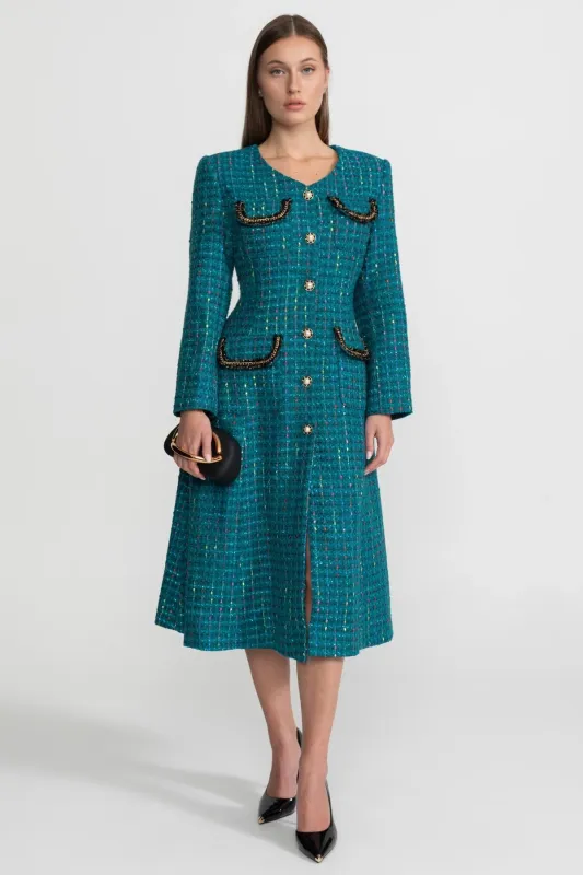 Embellished Tweed Midi Dress With Structured Shoulders – Teal made by Sierra darien