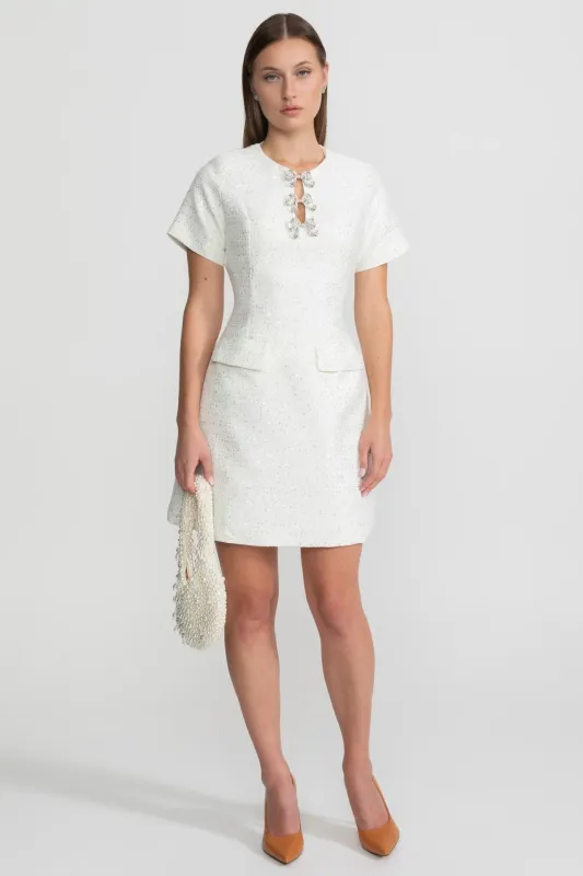 Sequin Mini Dress with Crystal Bow Accents - White made by Sierra darien
