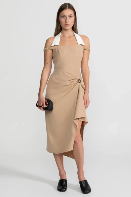 Draped Halter Midi Dress With Asymmetric Drape Detail – Nude made by Sierra darien