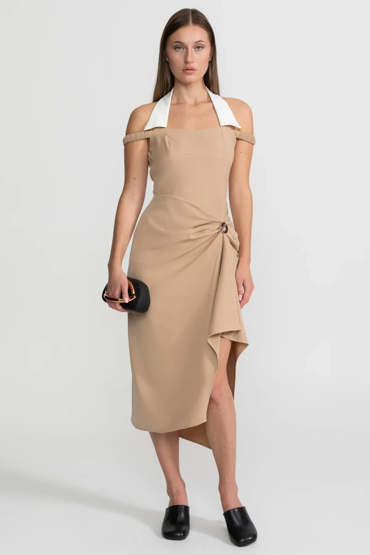 Draped Halter Midi Dress With Asymmetric Drape Detail – Nude sold by Sierra darien