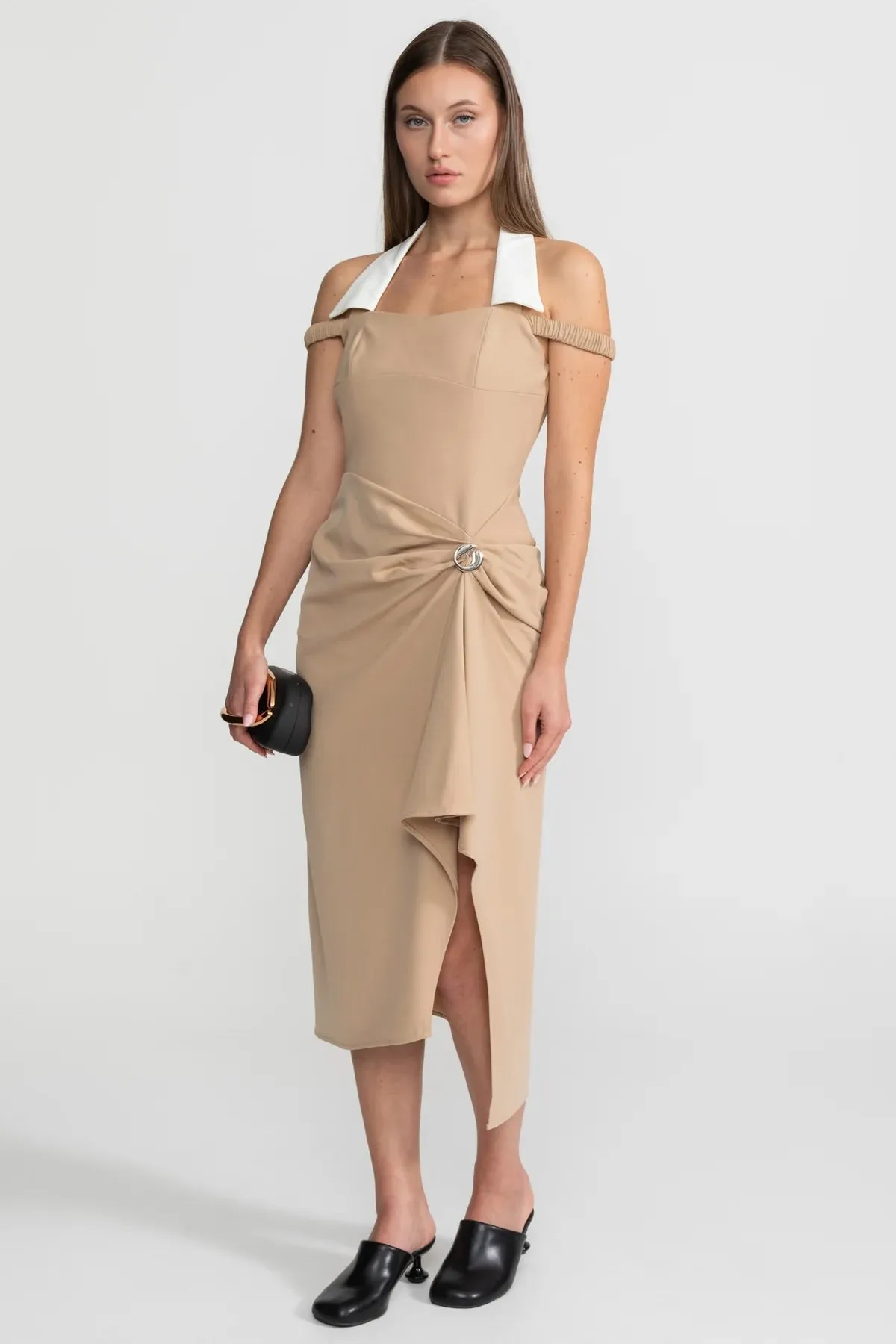 Draped Halter Midi Dress With Asymmetric Drape Detail – Nude sold by Sierra darien product image thumbnail 3