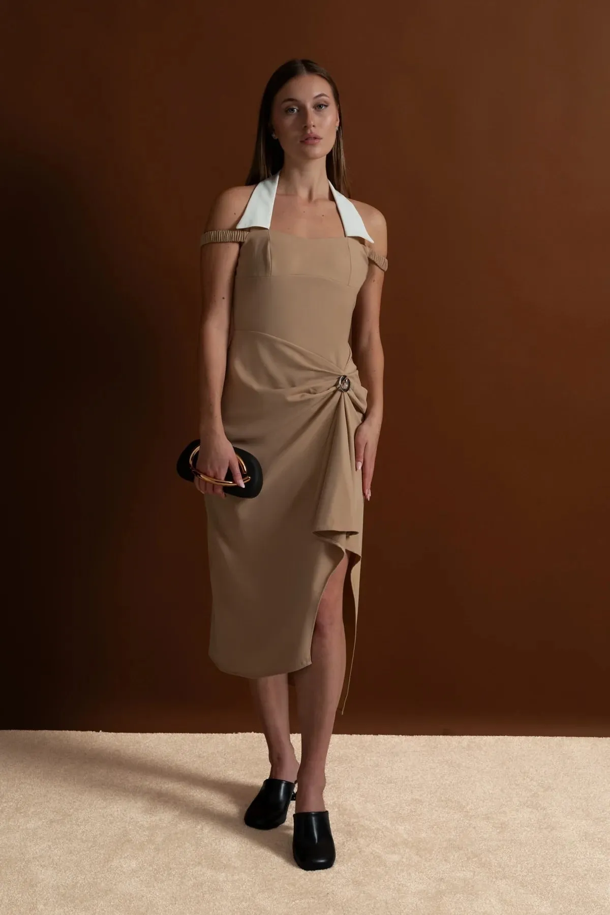 Draped Halter Midi Dress With Asymmetric Drape Detail – Nude sold by Sierra darien product image thumbnail 2