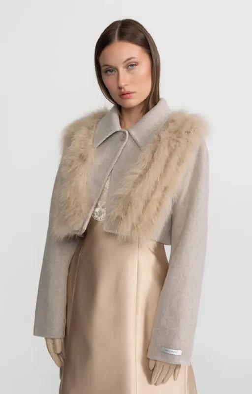 Wool Cropped Jacket with Fox Fur Collar – Taupe made by Sierra darien