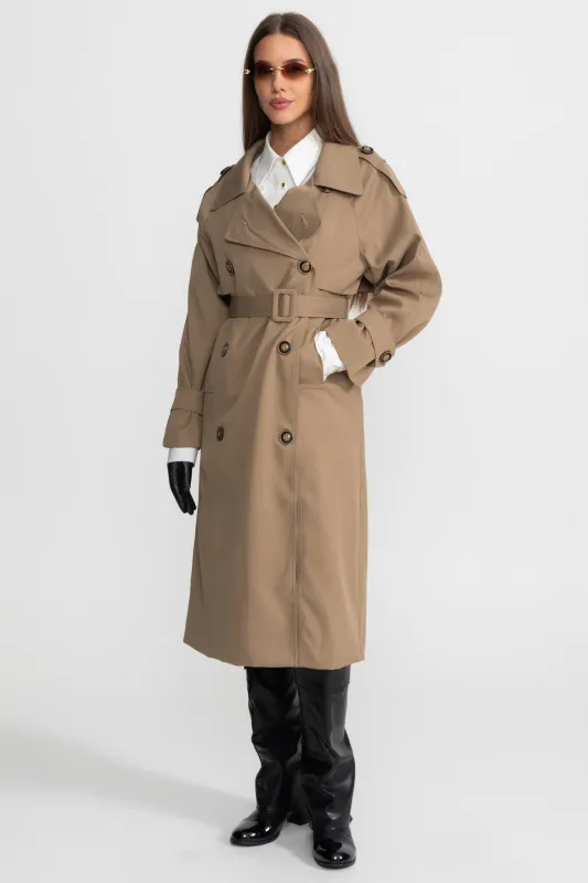 Double-Breasted Mid-Cut Trench Coat With Belted Waist – Khaki made by Sierra darien