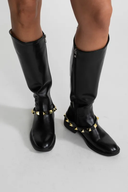 Knee-High Boots With Gold Stud Strap – Black made by Sierra darien