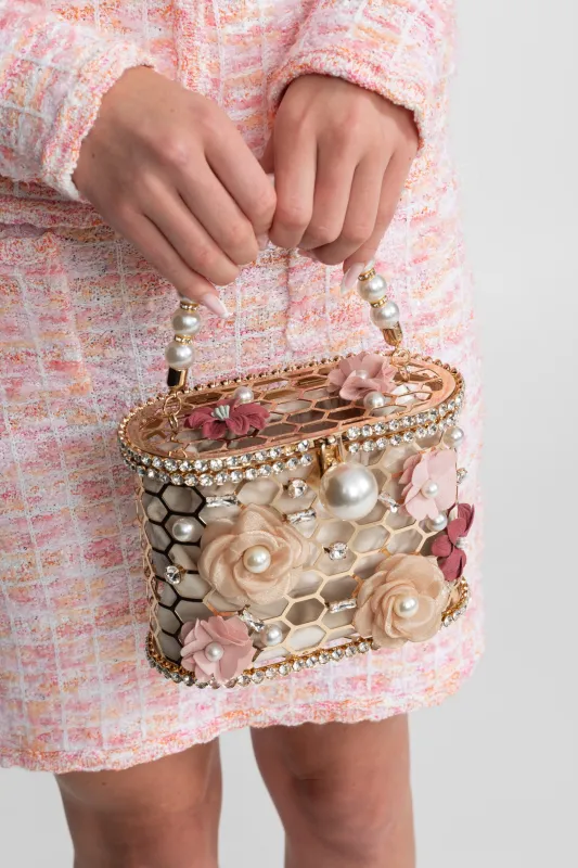 Embellished Floral Clutch With Pearl Handle – Gold made by Sierra darien