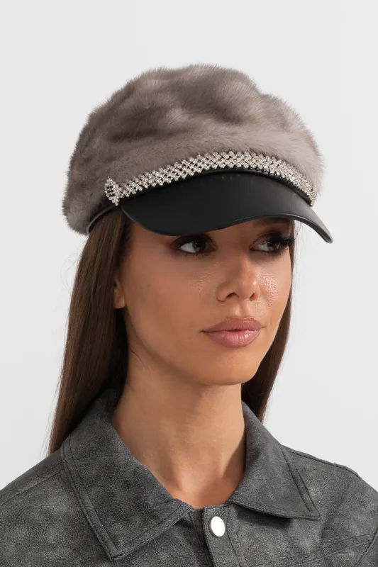Mink Fur Hat With Leather Visor - Gray made by Sierra darien