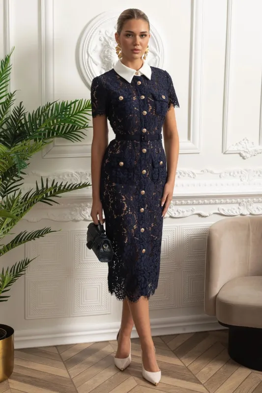 Floral Lace Midi Dress with Tailored Collar and Belted Waist - Navy made by Sierra darien