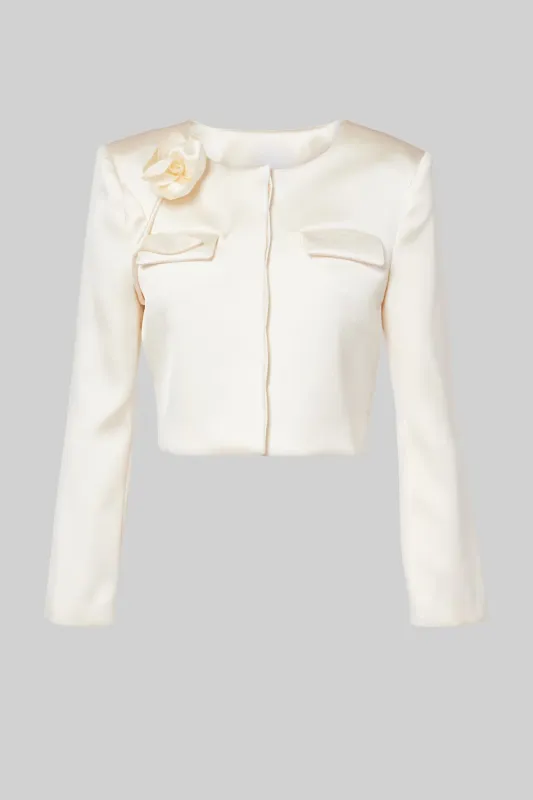 Satin Cropped Jacket with Floral Detail - Ivoire made by Sierra darien