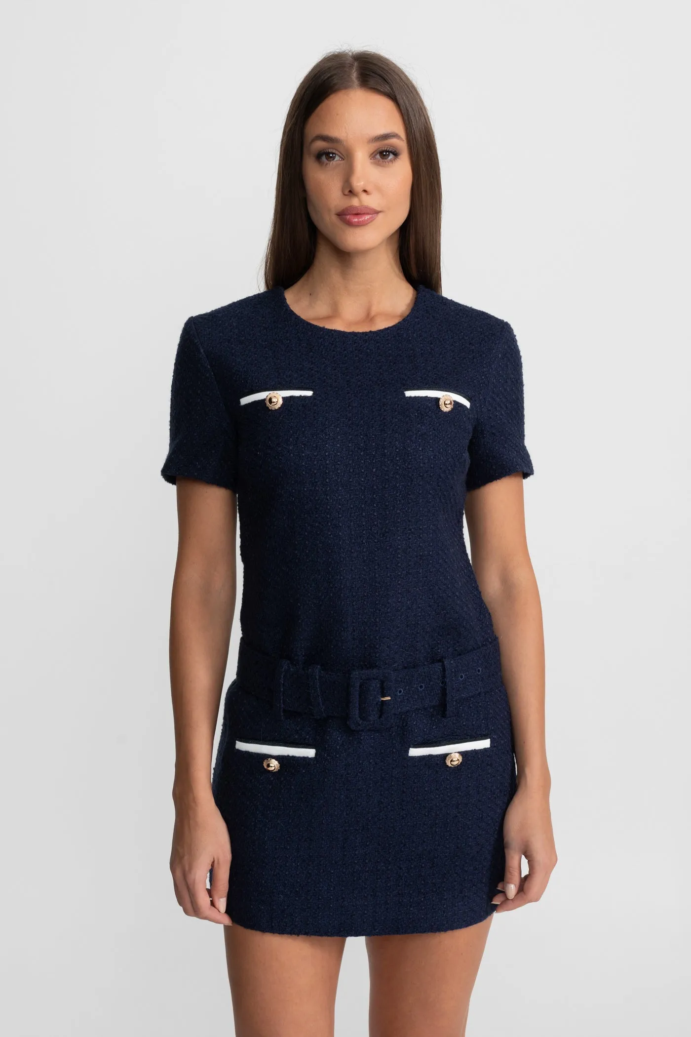 Belted Tweed Mini Dress with Contrast Pockets - Navy sold by Sierra darien product image thumbnail 2