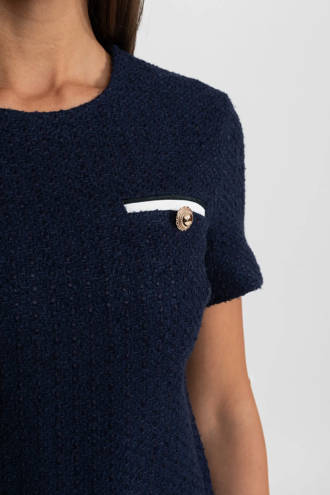 Belted Tweed Mini Dress with Contrast Pockets - Navy sold by Sierra darien product image thumbnail 5