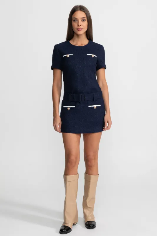 Belted Tweed Mini Dress with Contrast Pockets - Navy made by Sierra darien