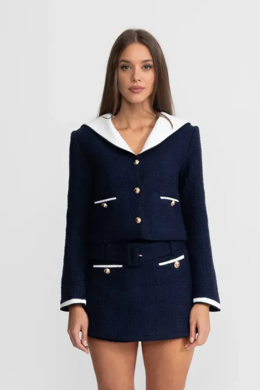 Tweed Cropped Jacket with Contrast Collar - Navy made by Sierra darien
