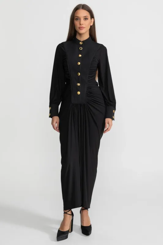 Draped Maxi Dress with Gold Statement Buttons - Black made by Sierra darien