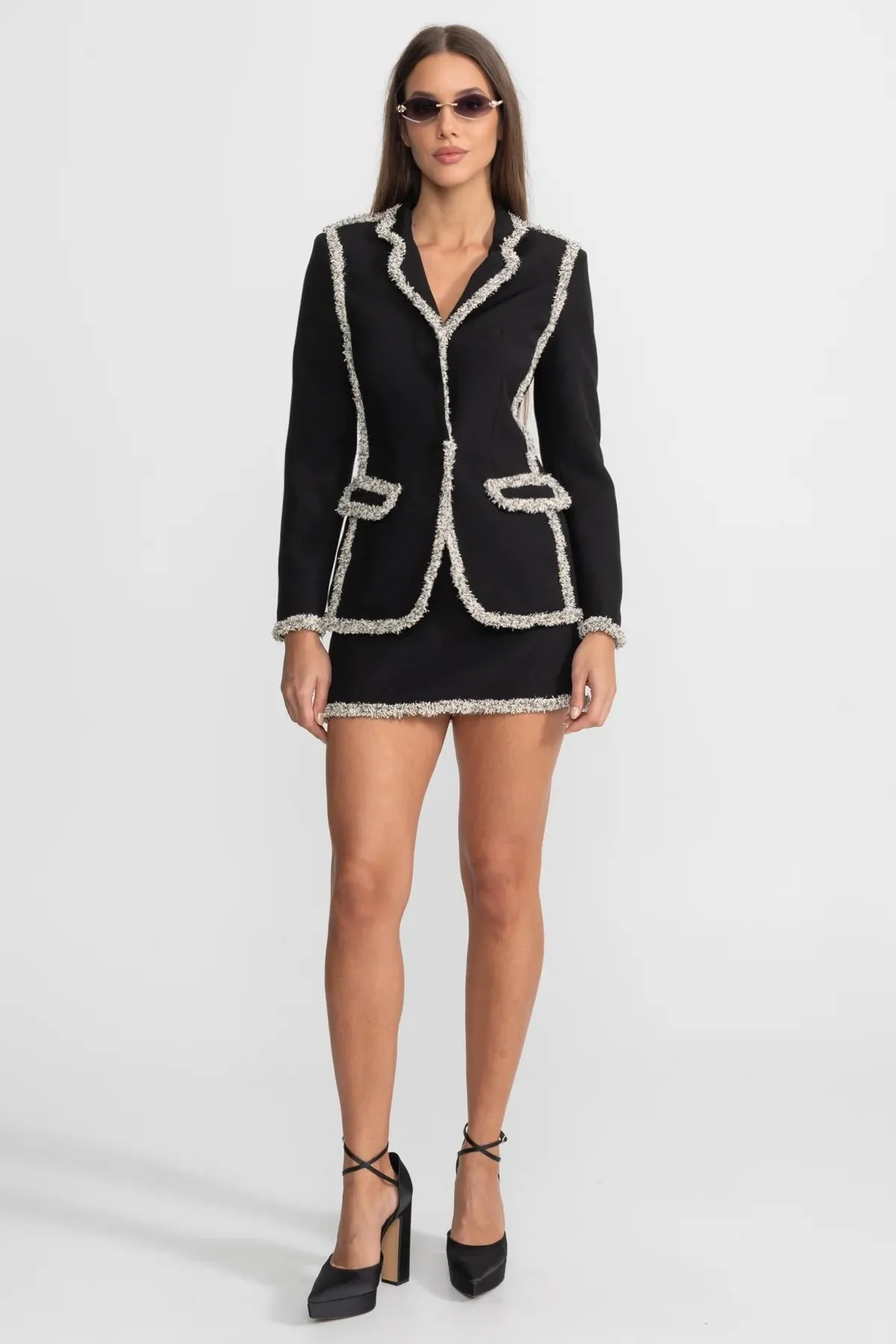 Tweed Set With Sparkling Trim Blazer And Matching Mini Skirt - Black sold by Sierra darien