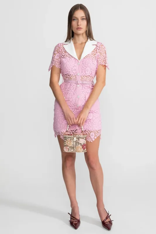 Lace Mini Dress with Contrast Collar and Jewel Buttons - Pink made by Sierra darien