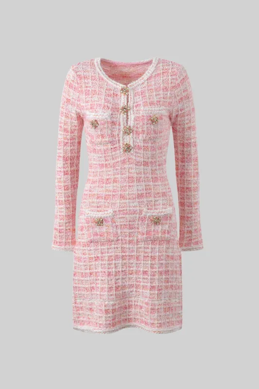 Tweed Mini Dress with Jewel Buttons - Pink made by Sierra darien
