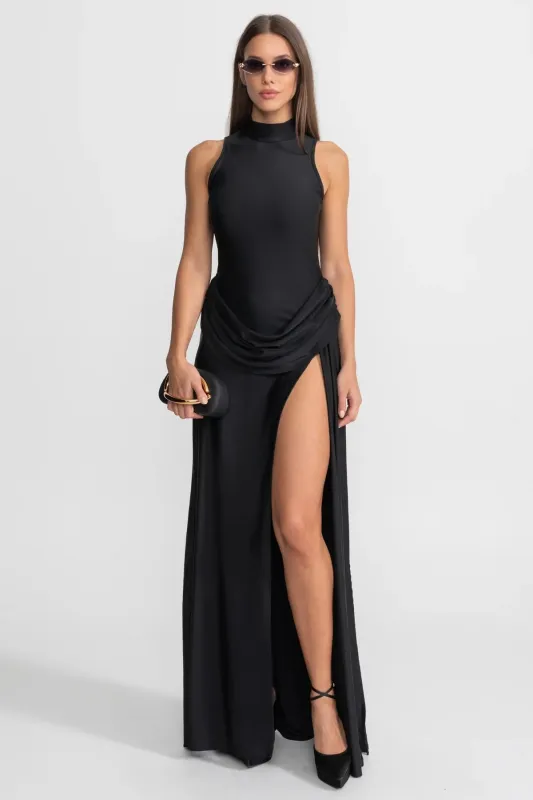 Sleeveless Maxi Dress with Draped Waist and Side Slit - Black made by Sierra darien