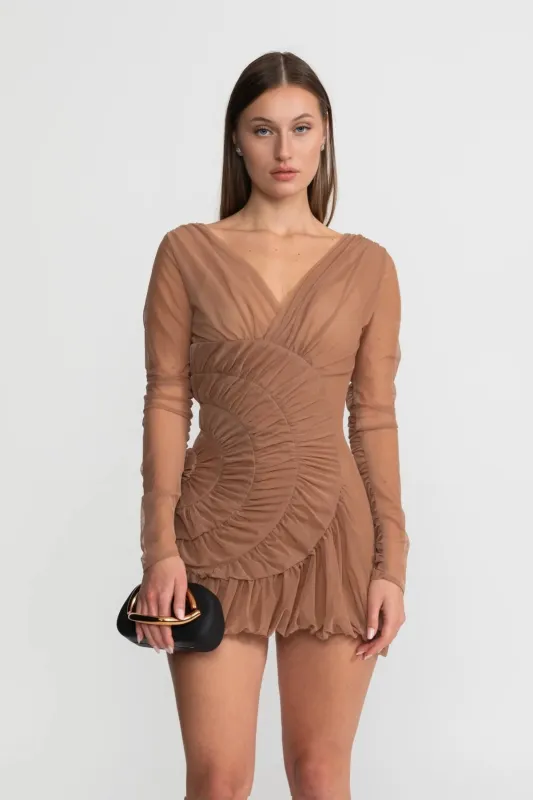 Draped Mini Dress with Spiral Ruched Detailing - Nude made by Sierra darien