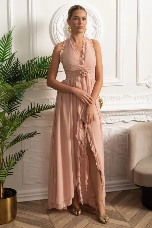Ruffled Halter Maxi Dress with Rosette Tie Detail - Pink made by Sierra darien