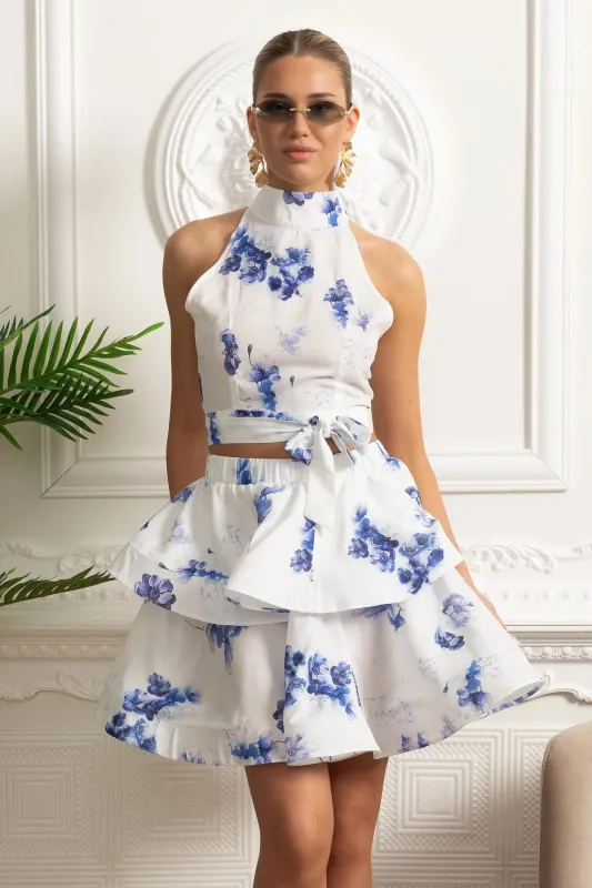 Floral Halter Crop Top and Layered Ruffle Mini Skirt Set - White/Blue made by Sierra darien