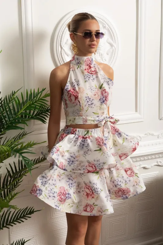 Floral Halter Crop Top and Layered Ruffle Mini Skirt Set - White/Pink made by Sierra darien
