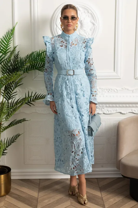 Lace Midi Dress with Ruffled Shoulders and Floral Detailing - Blue made by Sierra darien