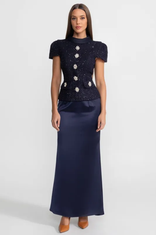 Co-Ord Set with Tweed Embellished Top and Satin Maxi Skirt - Navy made by Sierra darien