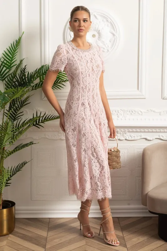 Lace Midi Dress with Crystal Embellished Collar - Pink made by Sierra darien