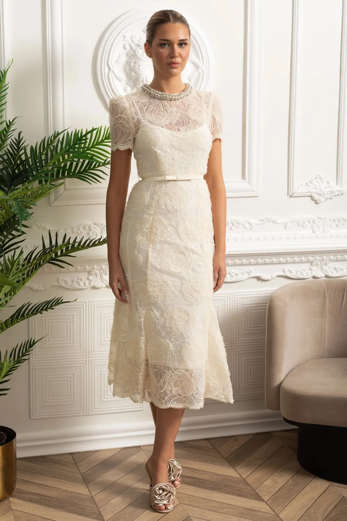 Midi Lace Dress with Short Sleeves and Delicate Waist Belt - Ivoire sold by Sierra darien product image thumbnail 3