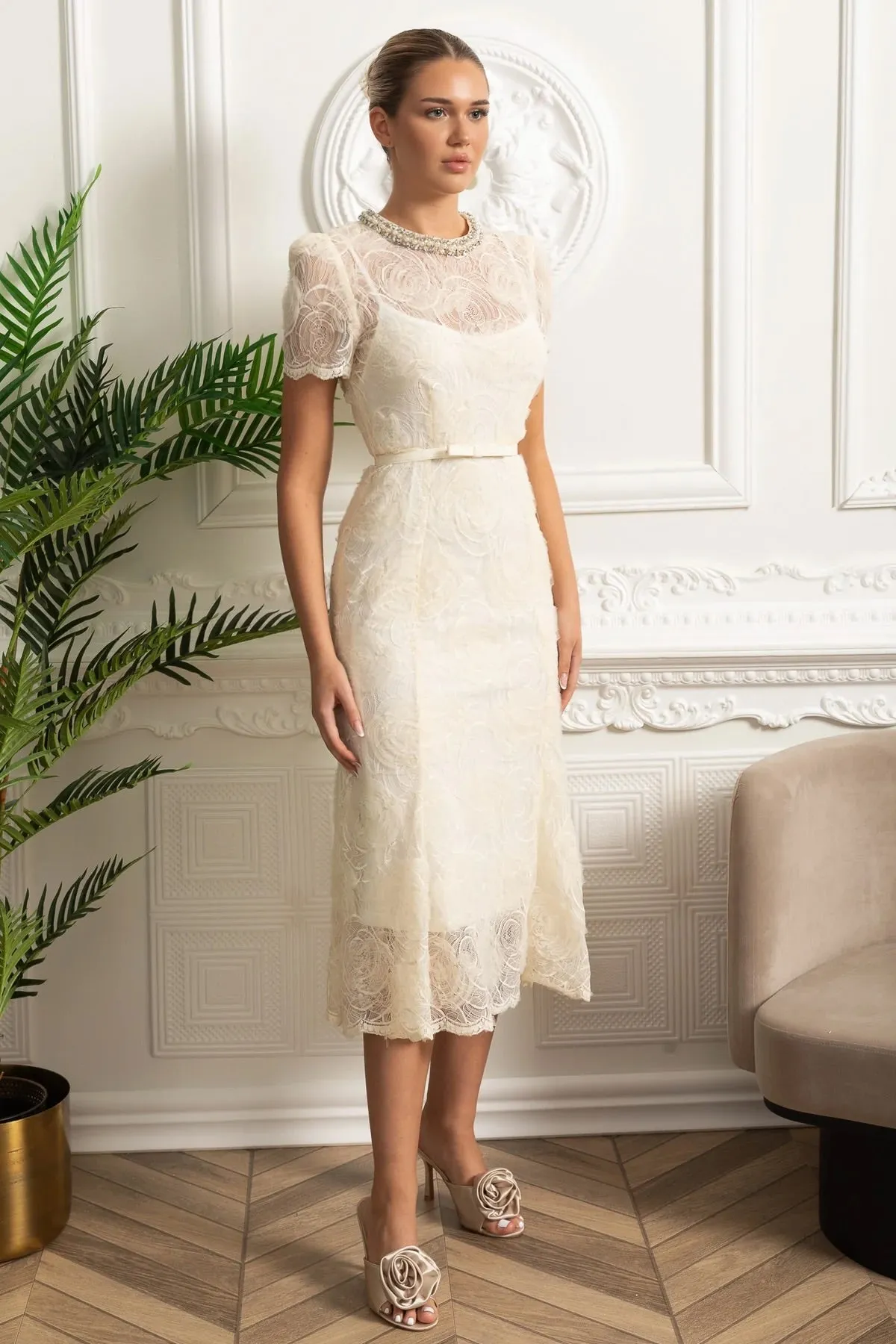 Midi Lace Dress with Short Sleeves and Delicate Waist Belt - Ivoire sold by Sierra darien