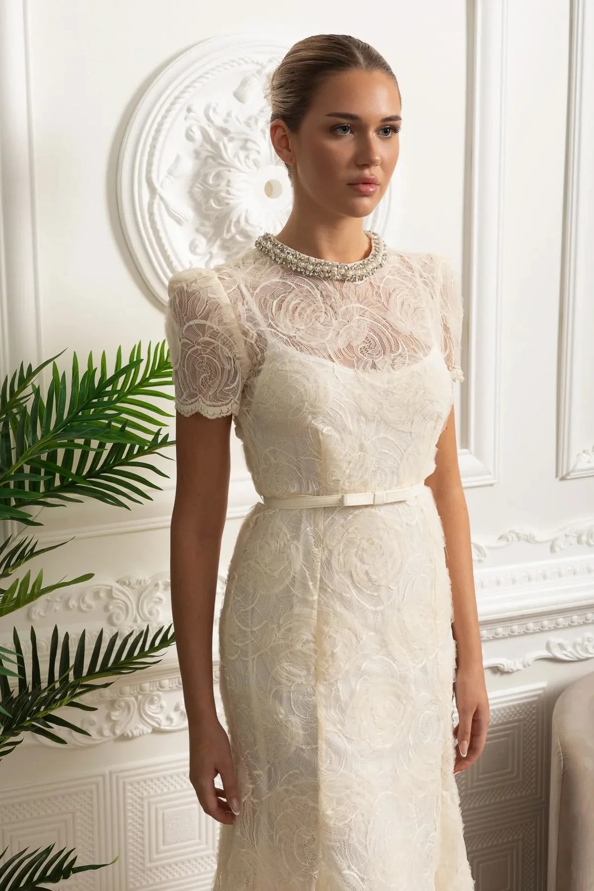 Midi Lace Dress with Short Sleeves and Delicate Waist Belt - Ivoire sold by Sierra darien product image thumbnail 2