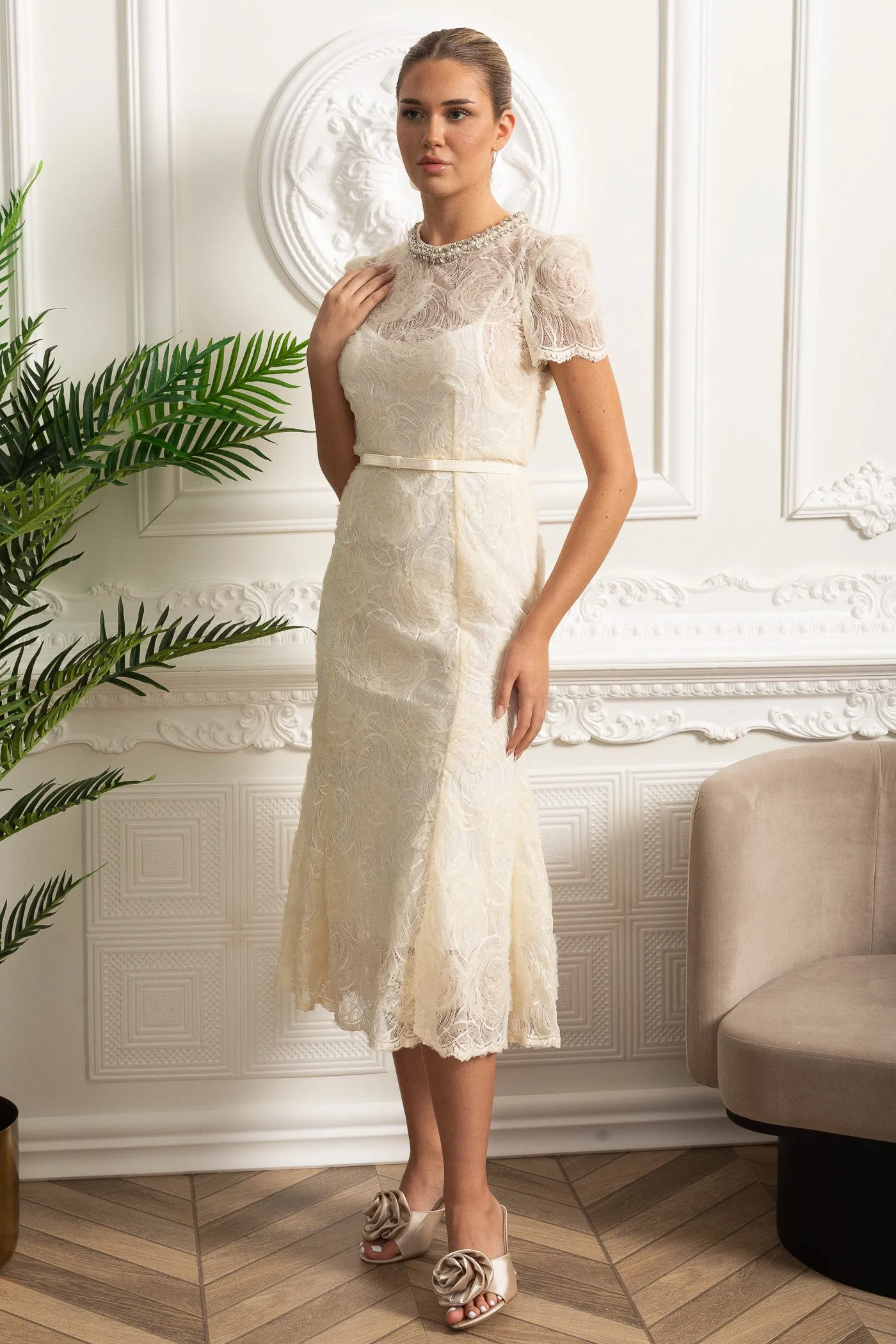 Midi Lace Dress with Short Sleeves and Delicate Waist Belt - Ivoire sold by Sierra darien product image thumbnail 4