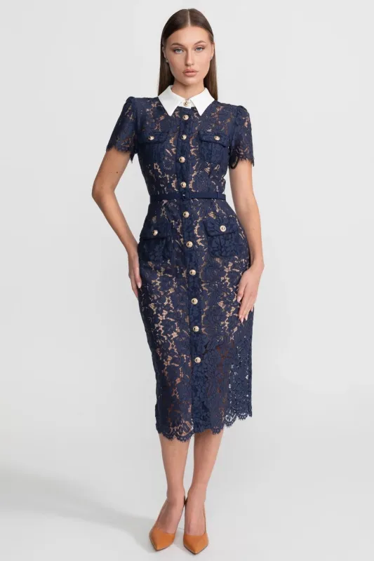 Floral Lace Midi Dress with Tailored Collar and Belted Waist - Navy made by Sierra darien