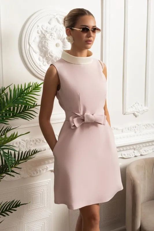 Contrasting Collar Bow-Waist Sleeveless Mini Dress - Pink made by Sierra darien