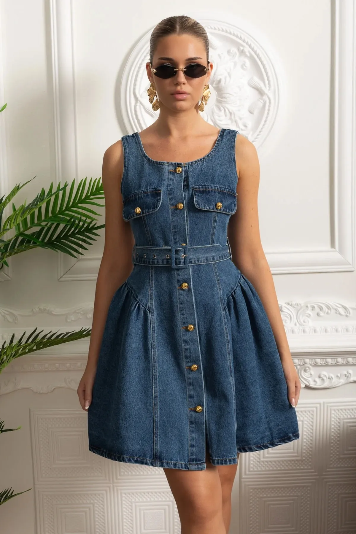 Belted Denim Button-Front Mini Dress - Blue sold by Sierra darien