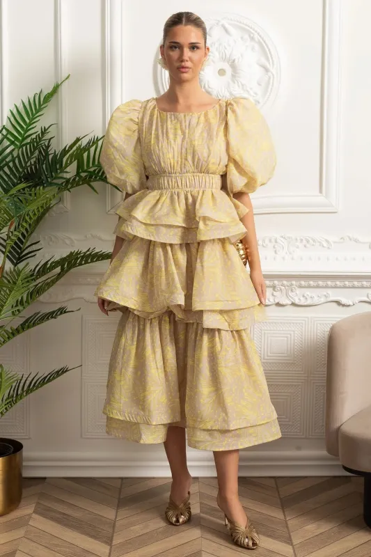 Puff Sleeve Tiered Ruffle Midi Dress - Yellow made by Sierra darien