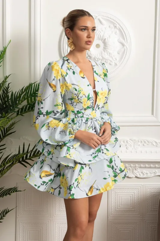 Floral Romantic Mini Dress With Voluminous Sleeves And Peplum Detail - Sky Blue made by Sierra darien