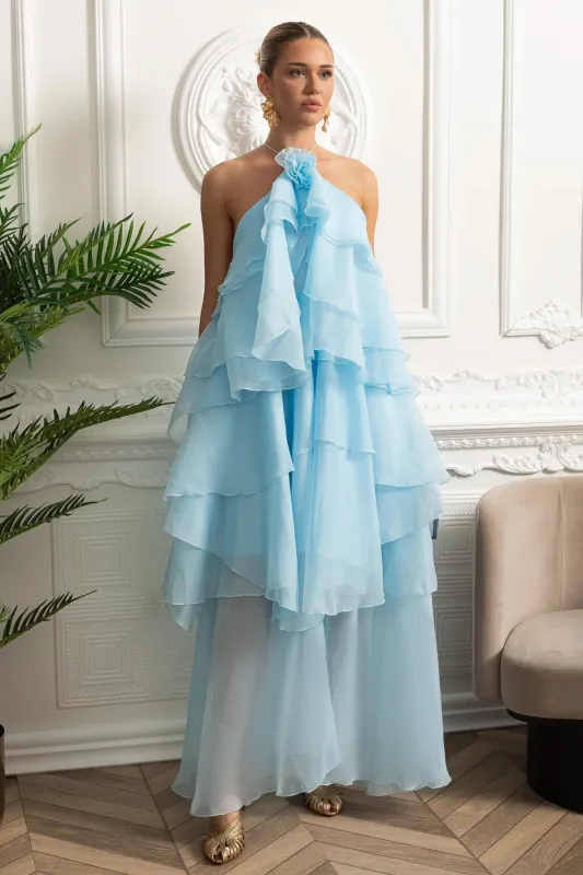 Halter Tiered Ruffle Maxi Dress - Sky Blue made by Sierra darien