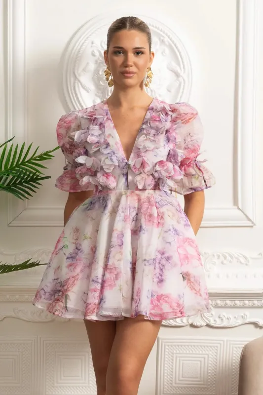 3D Floral Appliqué Puff Sleeve Mini Dress - Pink made by Sierra darien