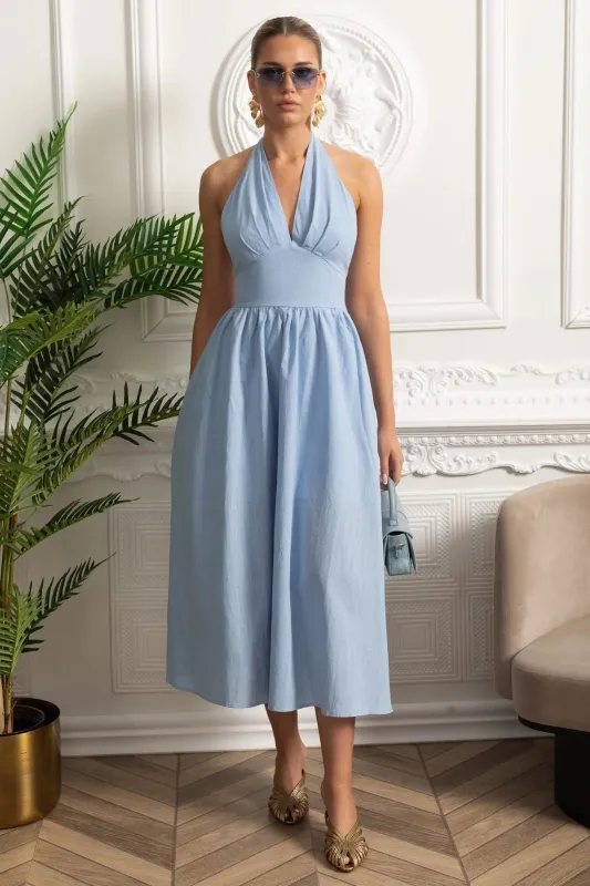 Halterneck Midi Dress With A-line Gathered Skirt - Blue made by Sierra darien