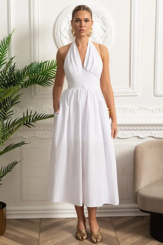 Halterneck Midi Dress With A-line Gathered Skirt - White made by Sierra darien
