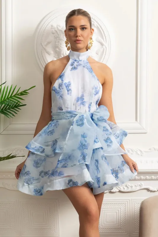 Floral Halterneck Ruffle Mini Dress - Blue made by Sierra darien