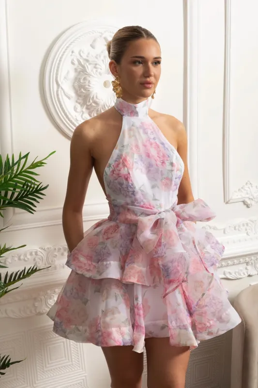 Floral Halterneck Ruffle Mini Dress - Pink made by Sierra darien