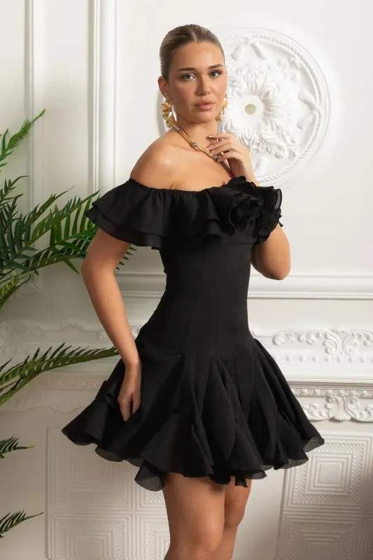 Off-Shoulder Mini Dress with Ruffled Organza Trim - Black made by Sierra darien