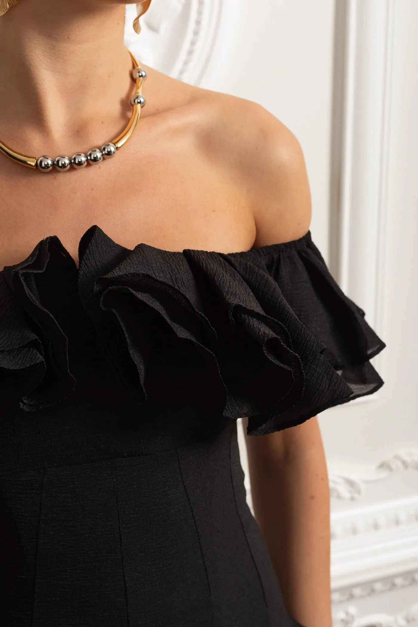 Off-Shoulder Mini Dress with Ruffled Organza Trim - Black sold by Sierra darien product image thumbnail 5