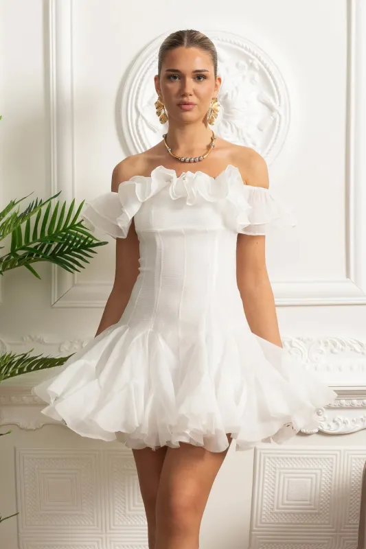 Off-Shoulder Mini Dress with Ruffled Organza Trim - White made by Sierra darien