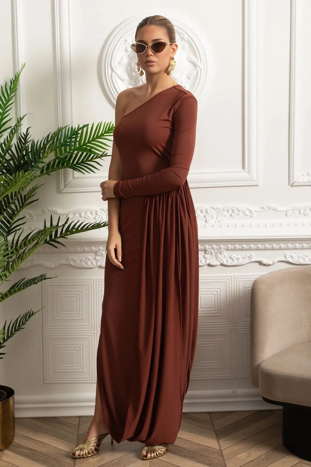 One-Shoulder Maxi Dress With Draped Side Panel - Brown sold by Sierra darien product image thumbnail 2