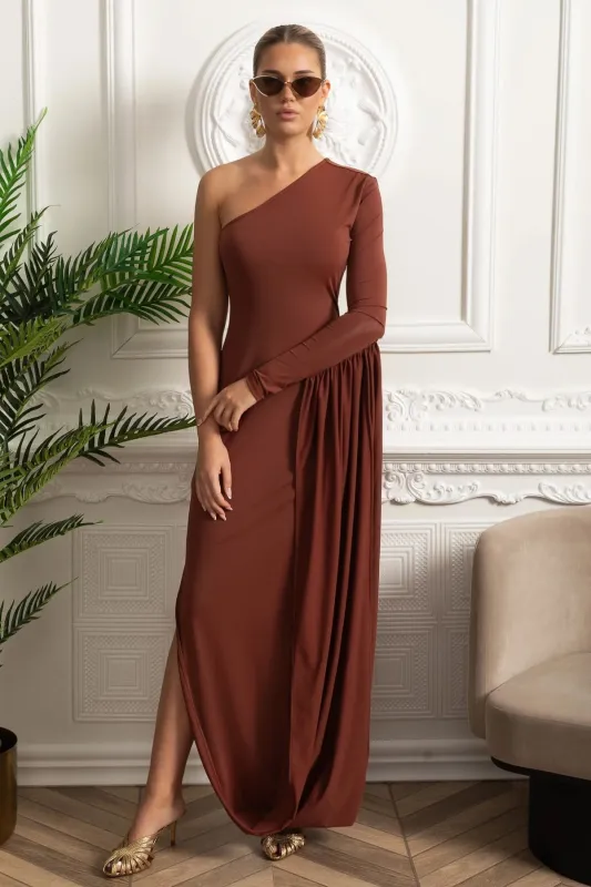 One-Shoulder Maxi Dress With Draped Side Panel - Brown made by Sierra darien
