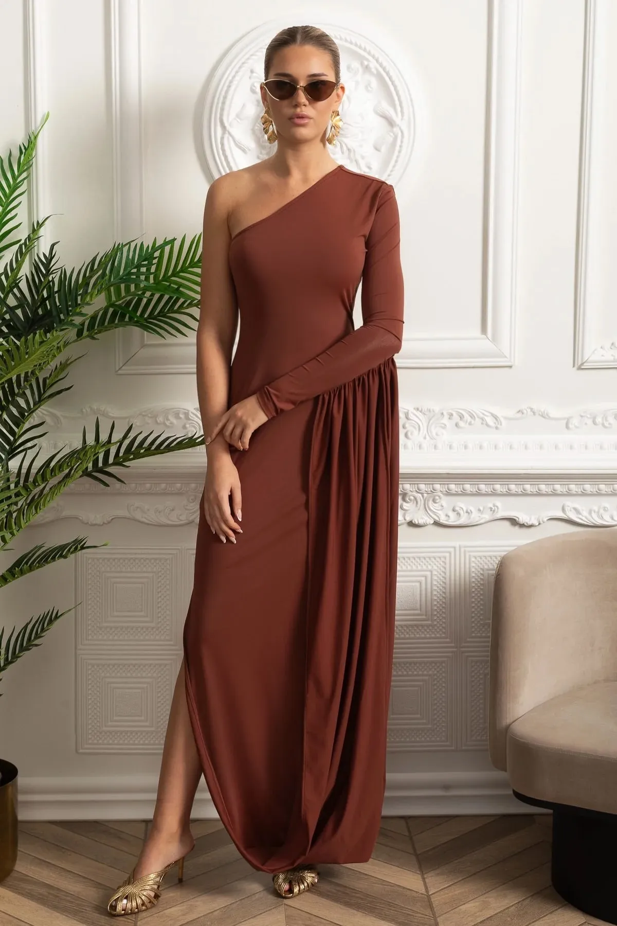 One-Shoulder Maxi Dress With Draped Side Panel - Brown sold by Sierra darien